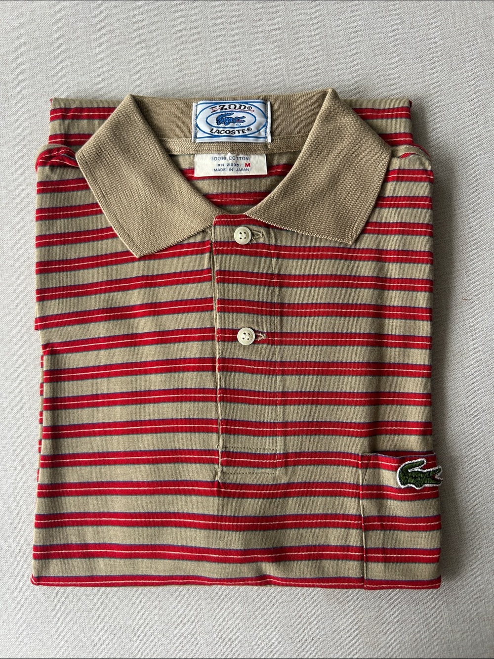 Lacoste Men’s Vintage Red & Tan Striped Cotton Polo Shirt